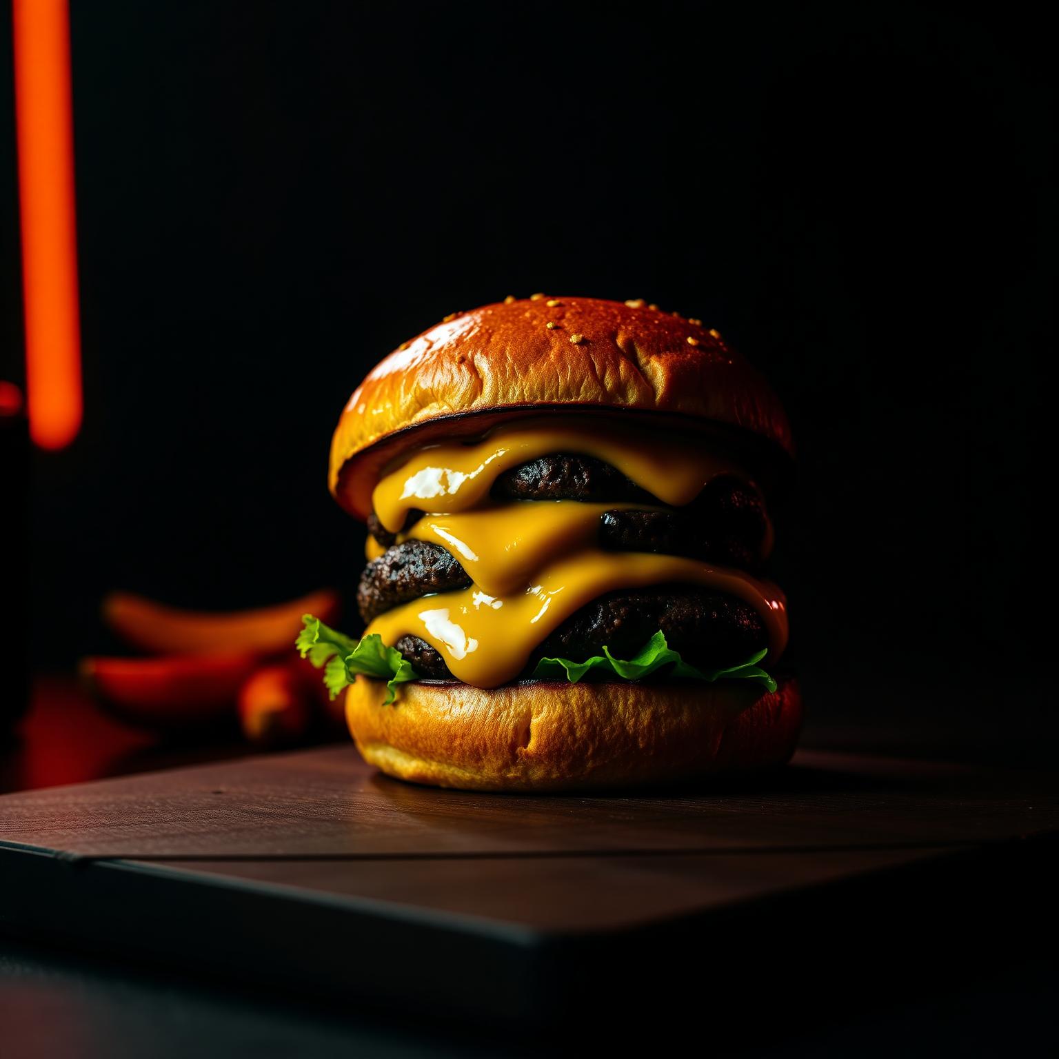 Gourmet burger lit by neon