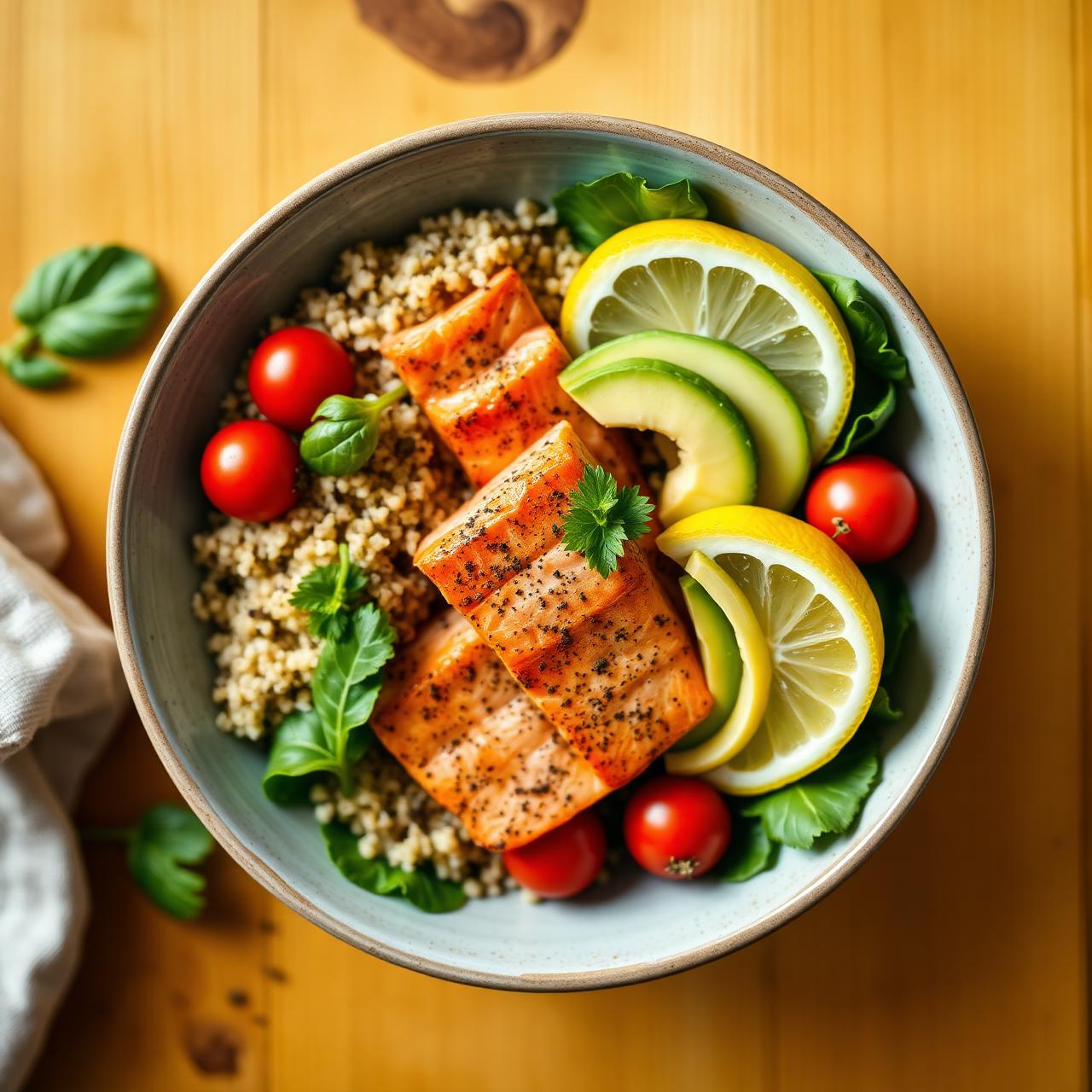 Healthy salmon and quinoa bowl